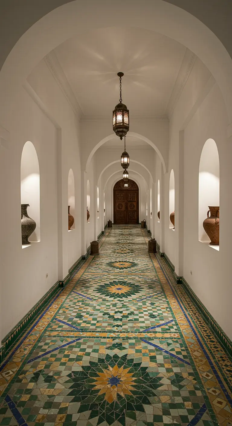 Long hallway with intricate green, yellow, and blue Moroccan floor tiles and arched niches.
