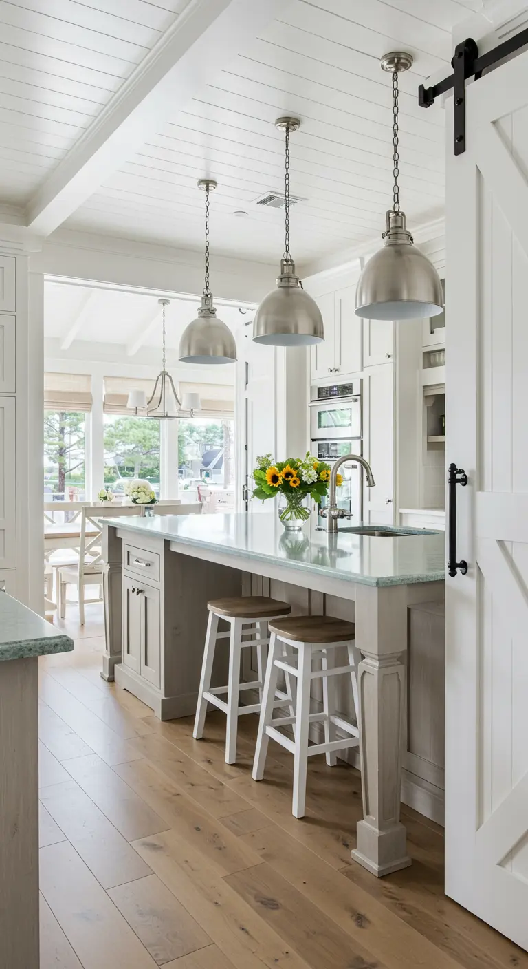 A light gray kitchen island is lit by a row of three brushed nickel dome pendant lights.