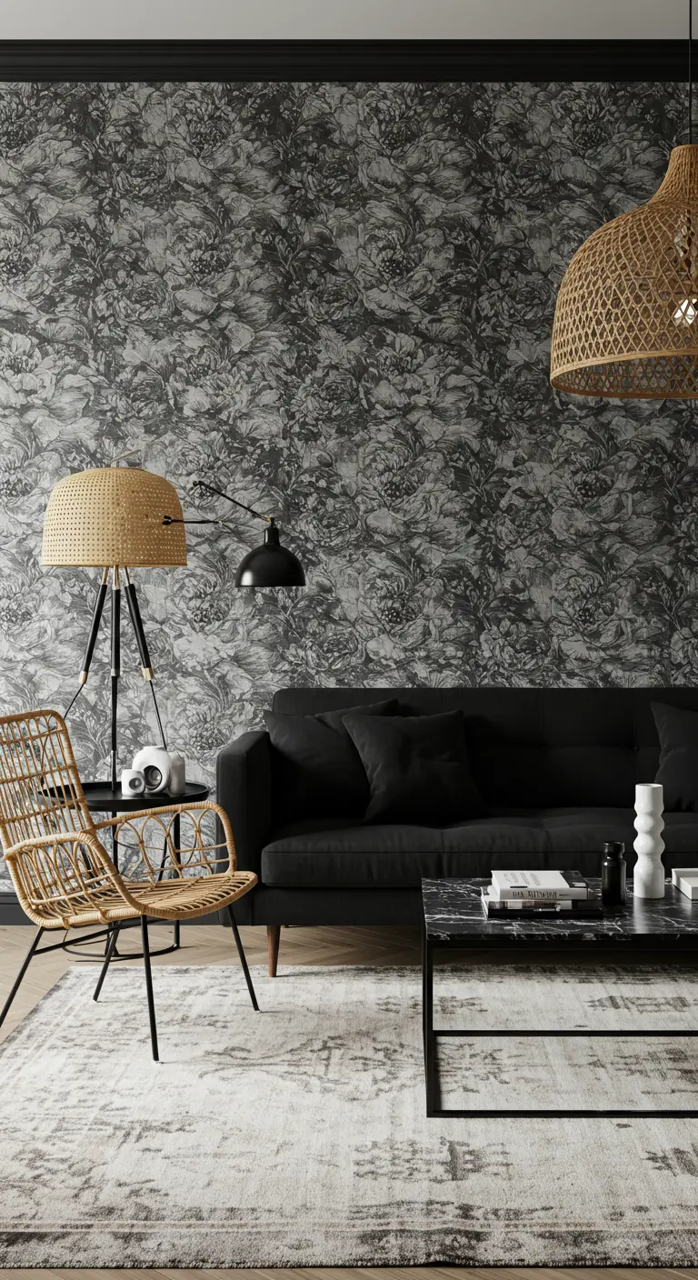 Monochrome living room with black and white floral wallpaper, a black sofa, and rattan accents.