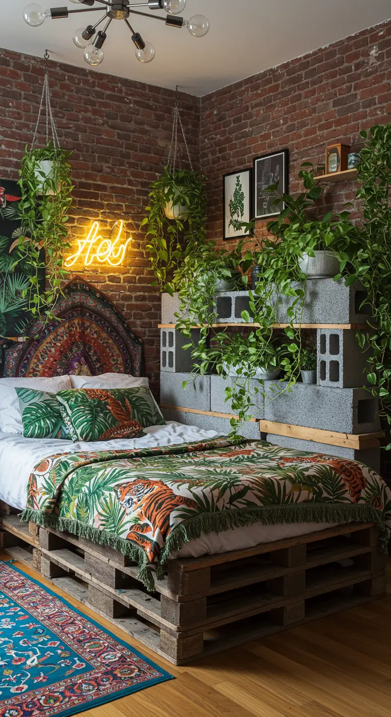 Bedroom with a pallet bed and a headboard made of stacked concrete cinder blocks holding plants.