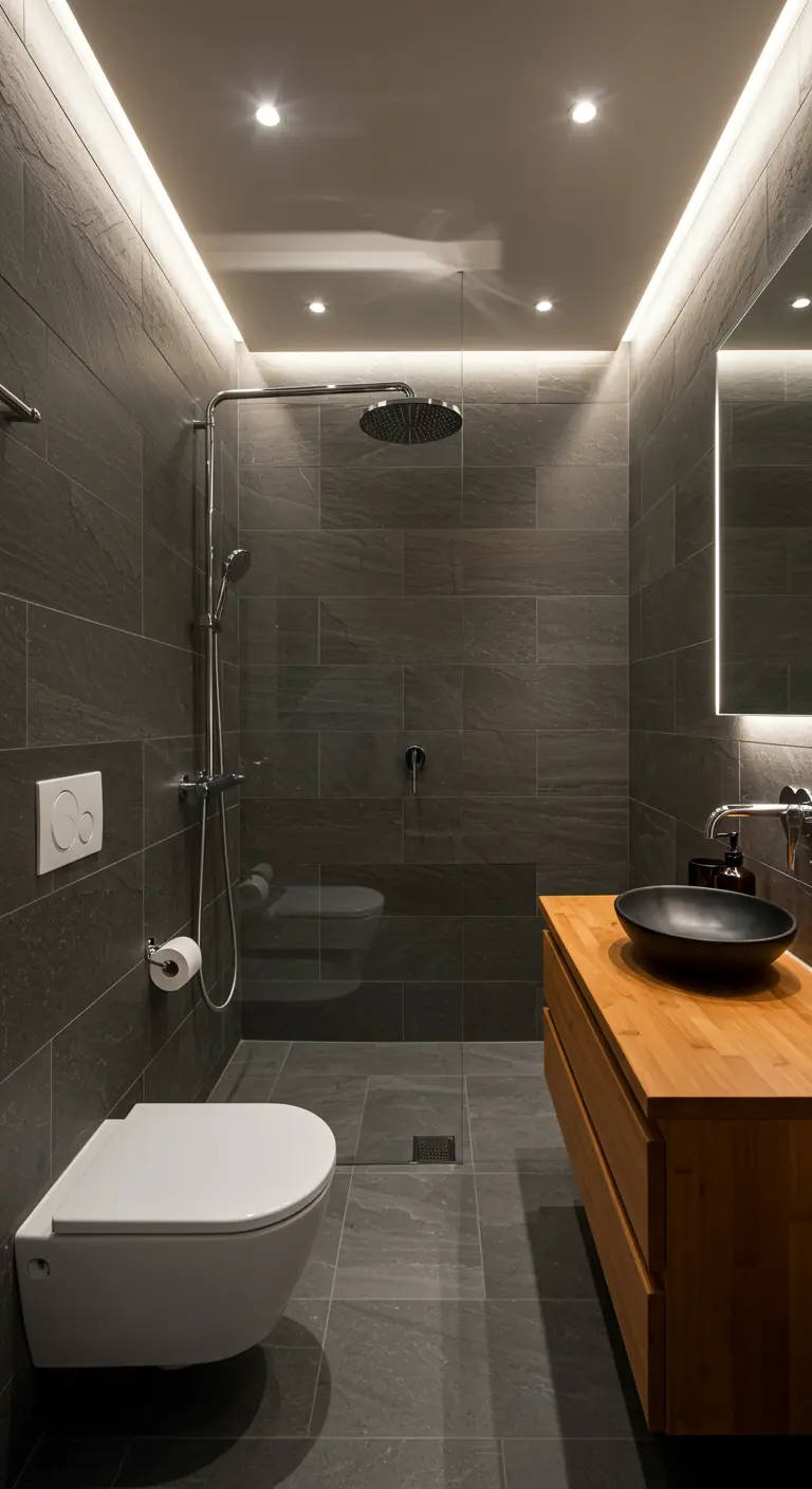 Dark slate bathroom with recessed LED lighting and a floating wood vanity.