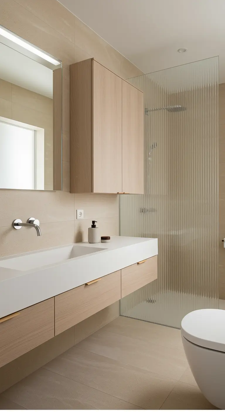 Bathroom with a floating wood vanity and a reeded glass shower screen.