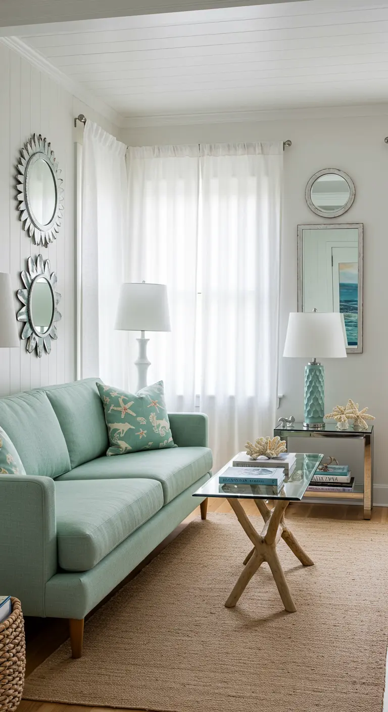 Coastal living room with a seafoam green sofa, glass coffee table, and sunburst mirrors.