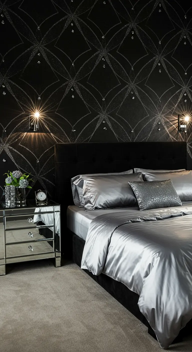 Bedroom with black geometric glitter wallpaper, silver silk bedding, and mirrored nightstands.