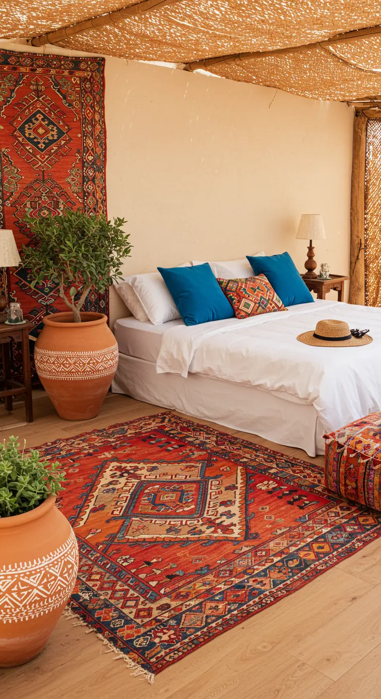 Bedroom decorated with a large, colorful kilim rug on the wall.