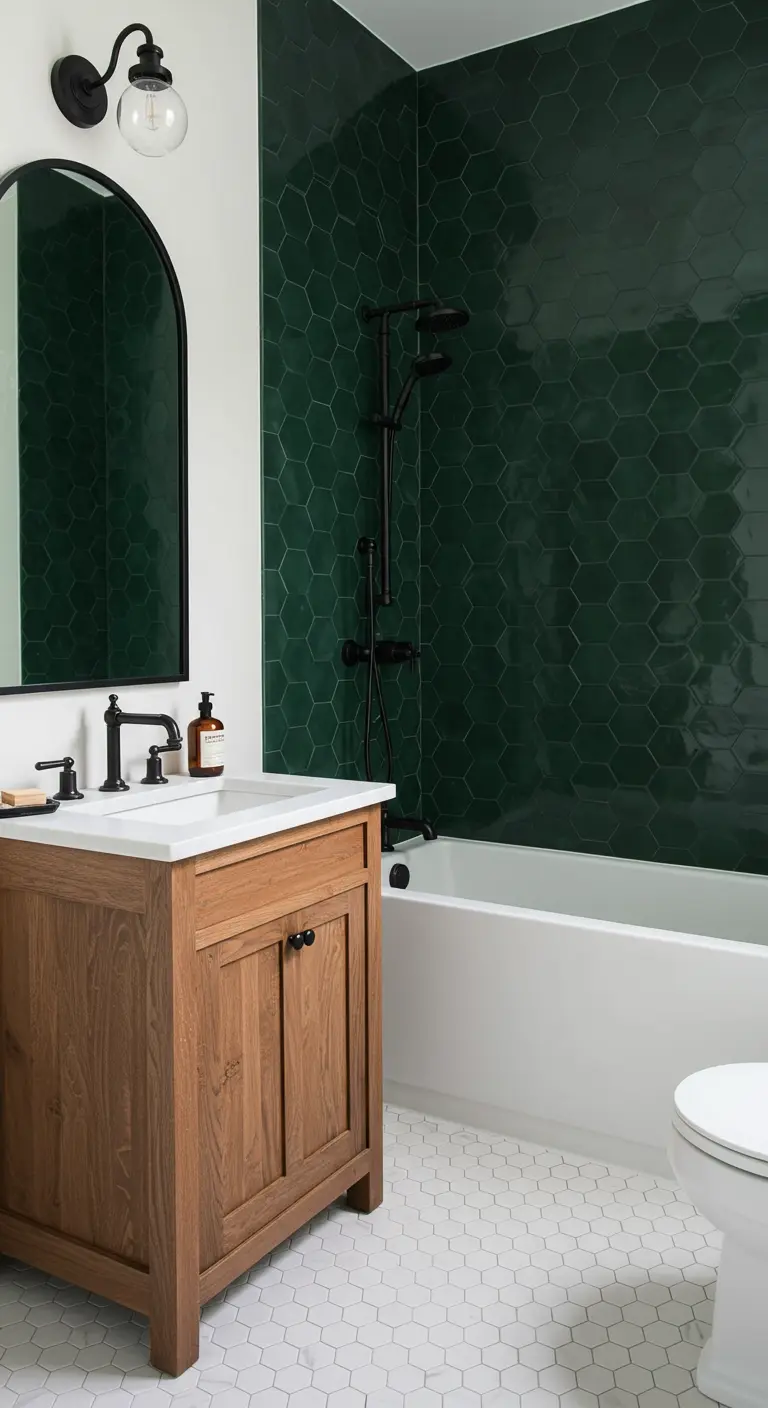 Bathroom with a deep green hexagon tile accent wall, a wood vanity, and white walls.