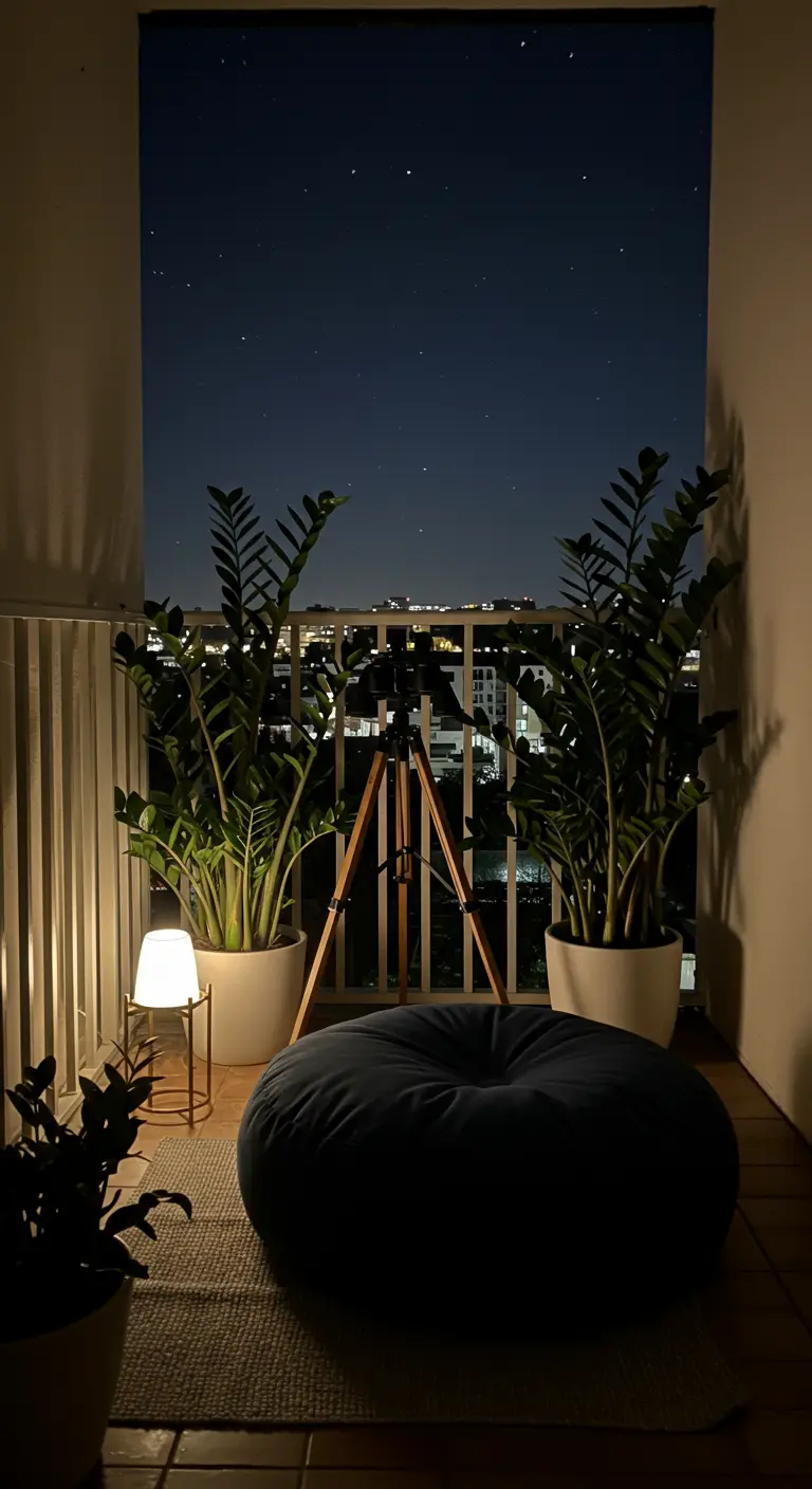 A modern balcony at night with a tripod lamp, two large plants, and a navy beanbag chair.