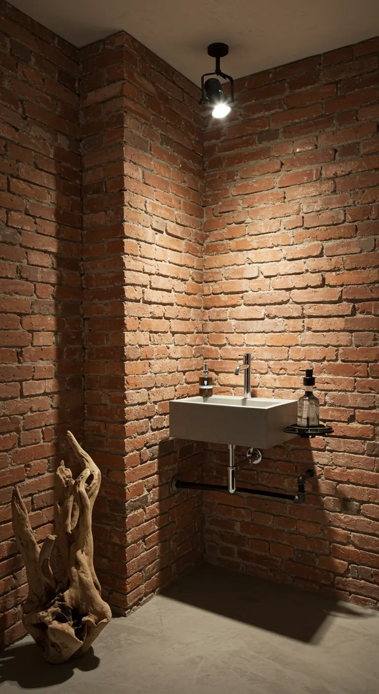 A minimalist bathroom corner with brick walls, a small floating sink, and a large piece of driftwood.