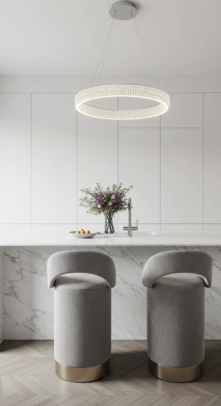 A minimalist white kitchen with a round crystal chandelier and grey barrel-shaped velvet stools.