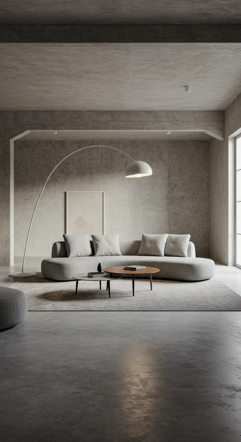 A massive white arc lamp curving over a grey sofa in a minimalist concrete loft.