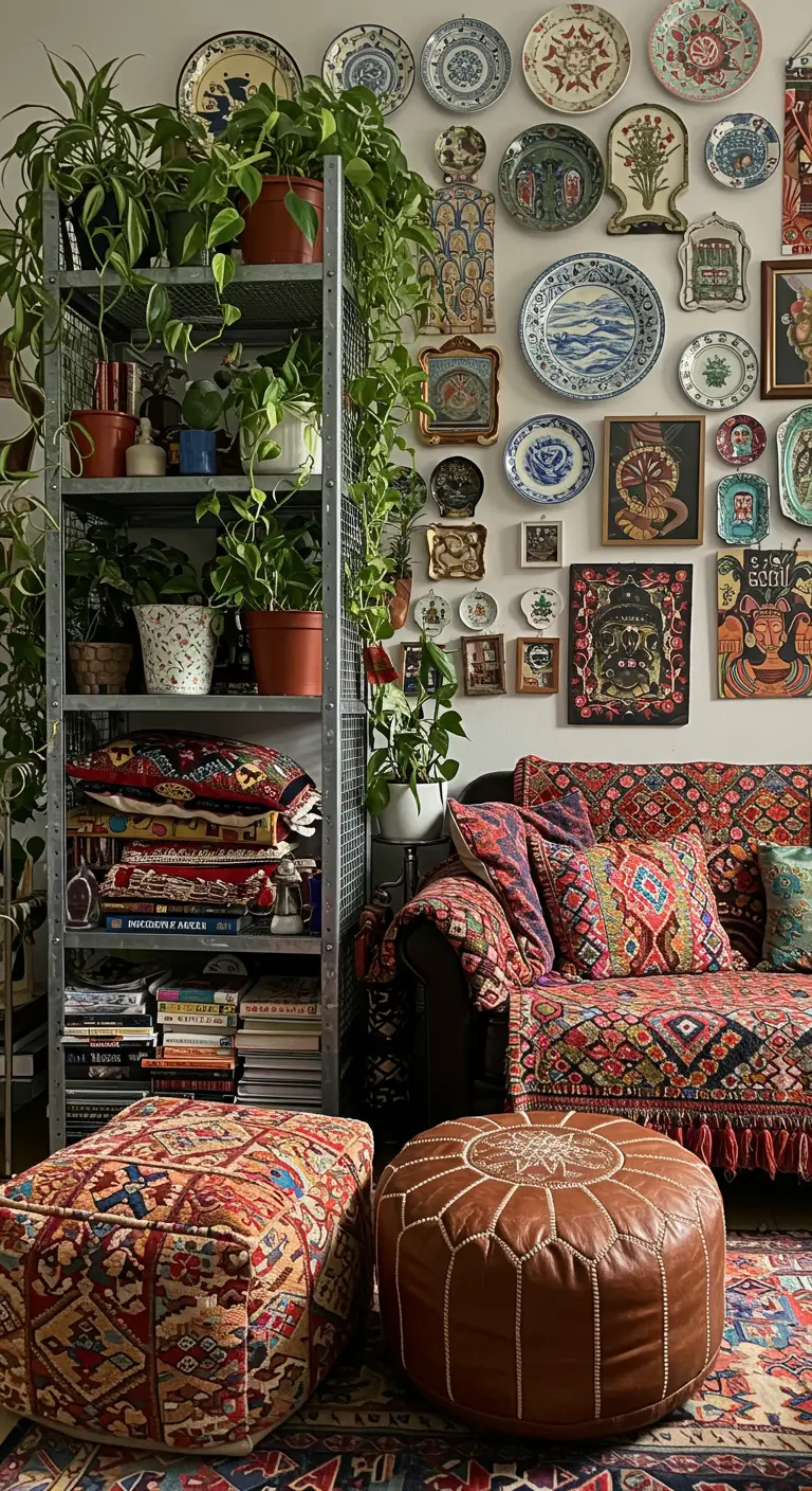 Maximalist room with a decorative plate wall, patterned sofa, and a plant-filled metal shelf.