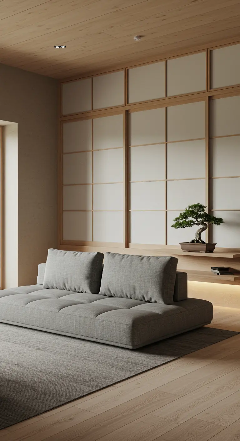 A serene living space with Japanese-style sliding screen cabinets and a low gray sofa.