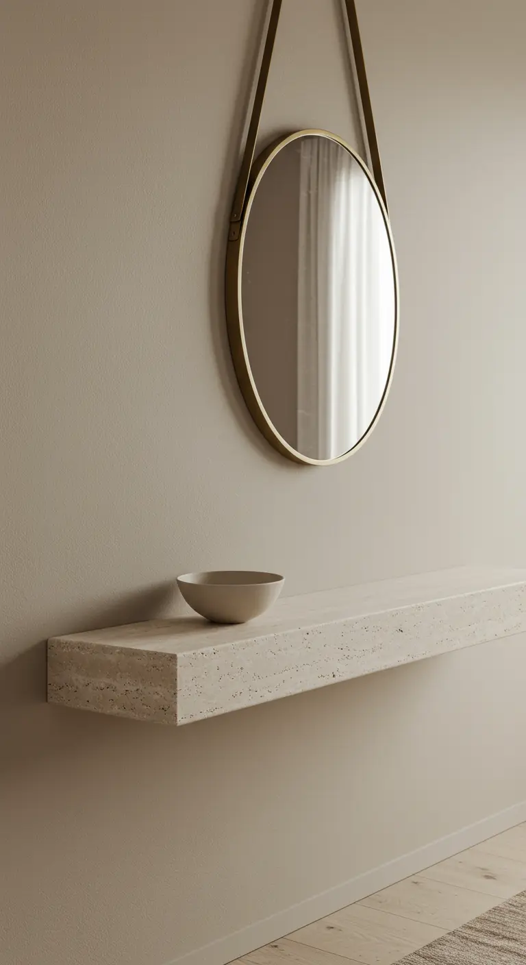 A thick floating travertine shelf on a beige wall, with a round brass mirror hanging above.