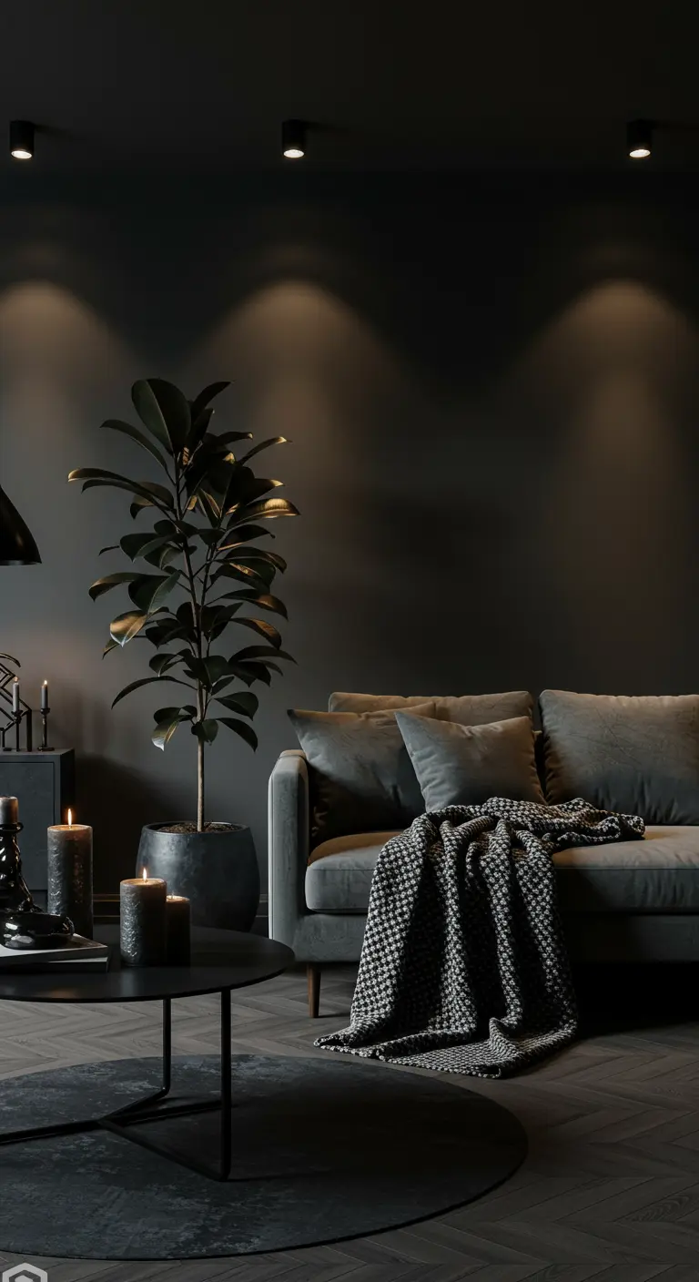 A dark living room with a gray sofa illuminated by spotlights on a black ceiling.