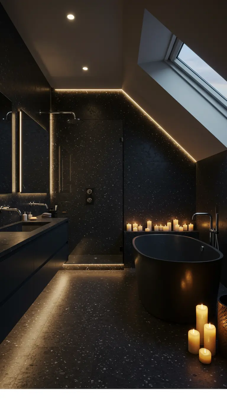 Dark bathroom with black terrazzo, LED strip lighting, and a tub surrounded by candles.