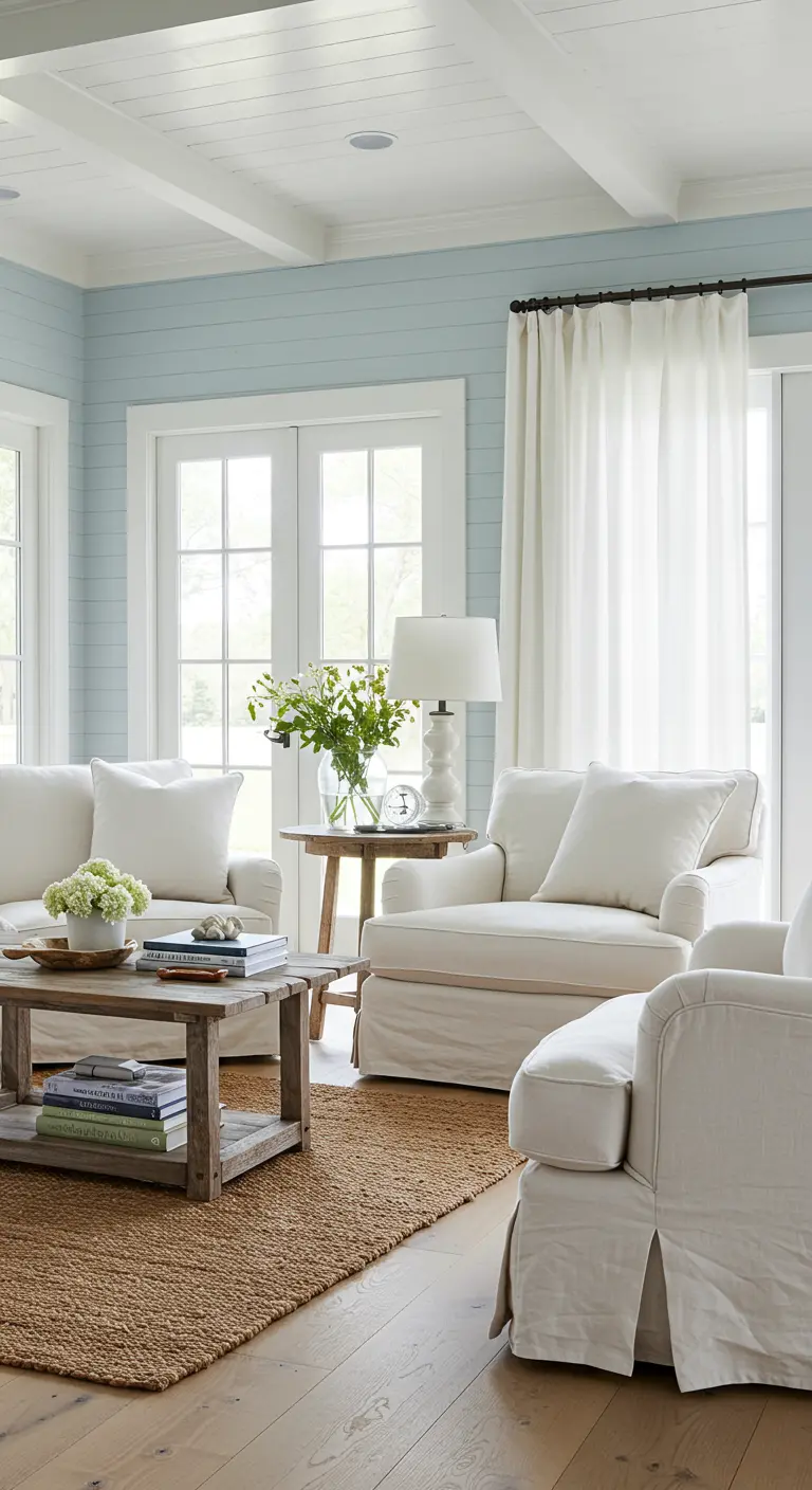 Farmhouse living room with light blue shiplap walls, white slipcovered furniture, and a jute rug.