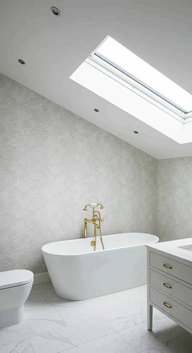 Attic bathroom with a skylight, subtle grey palm wallpaper, and a freestanding tub.