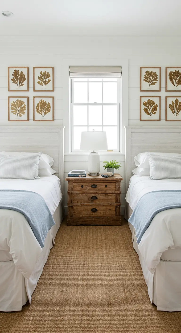 Symmetrical bedroom with two twin beds, shiplap walls, and framed botanical art.