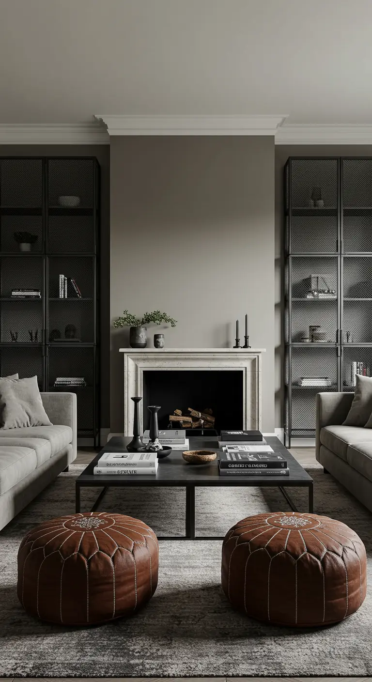 A formal living room with a fireplace flanked by two identical black mesh shelving units.