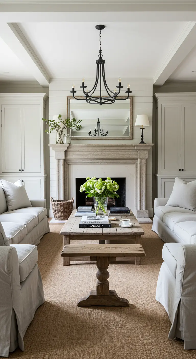 Symmetrical living room with facing sofas, a large mirror over the fireplace, and built-in cabinets.