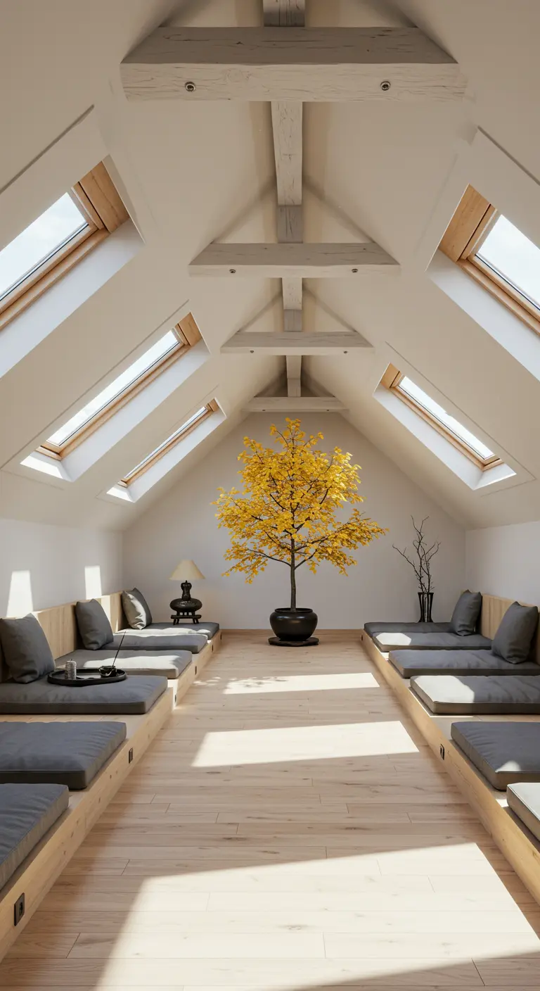 A long, symmetrical attic room with built-in seating and a yellow-leafed tree at the far end.