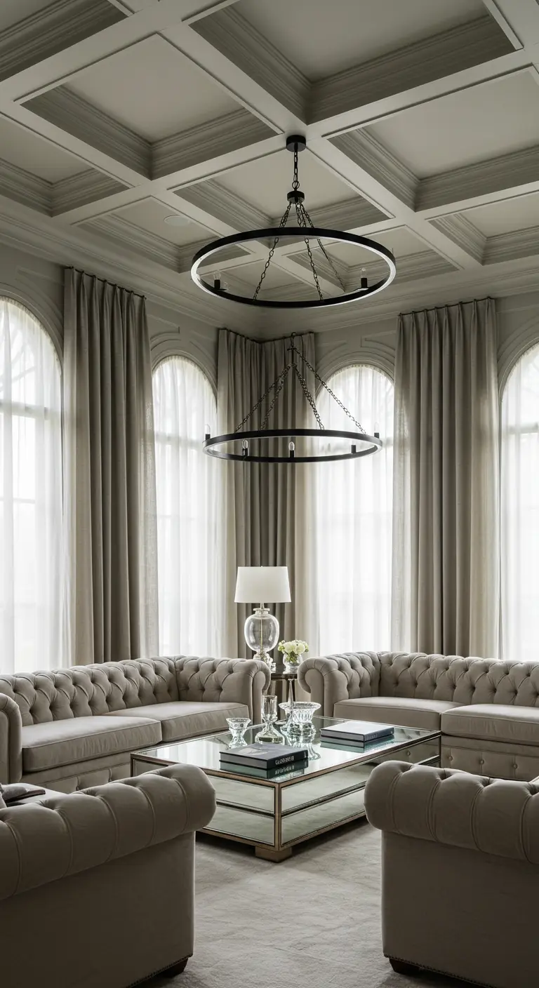 Symmetrical living room with two tufted greige sofas and a large chandelier.