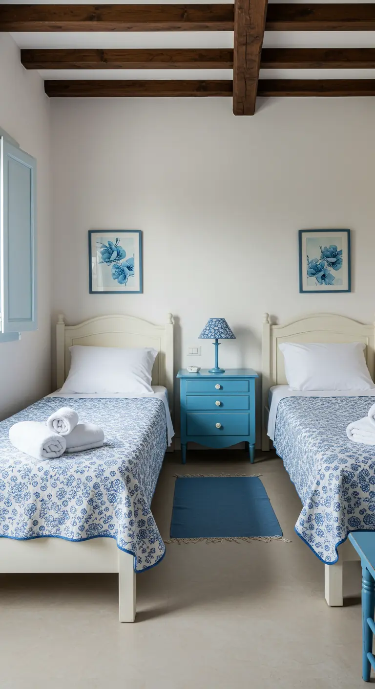 Twin bedroom with matching blue and white floral quilts and a blue nightstand.
