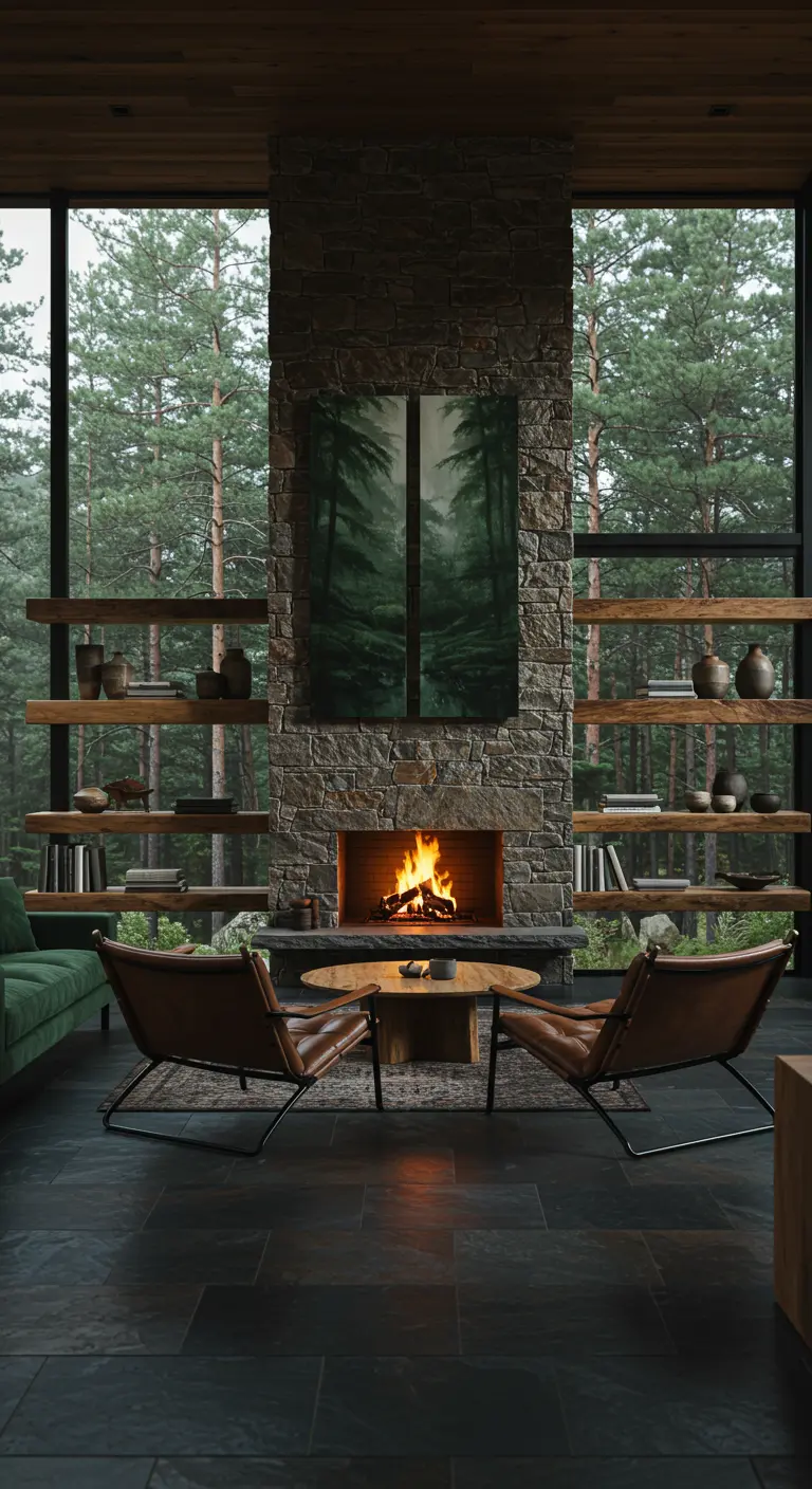 Symmetrical wood floating shelves flanking a tall stone fireplace in a rustic living room.