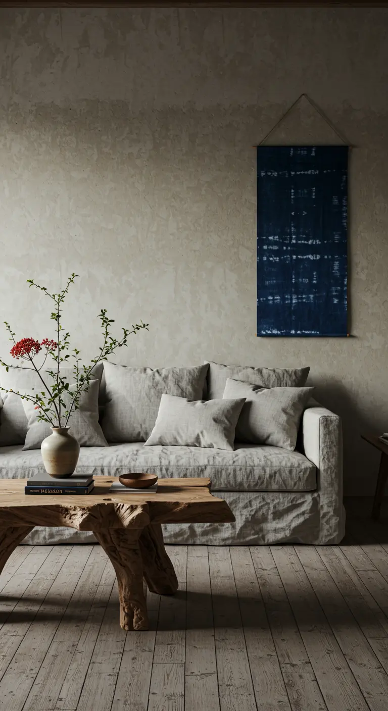 Living room with a gray linen sofa, live-edge table, and a hanging indigo textile on the wall.