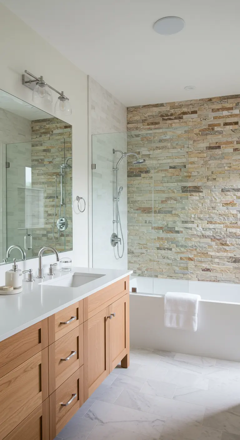 Bathroom with a stacked stone accent wall behind the bathtub and shower.
