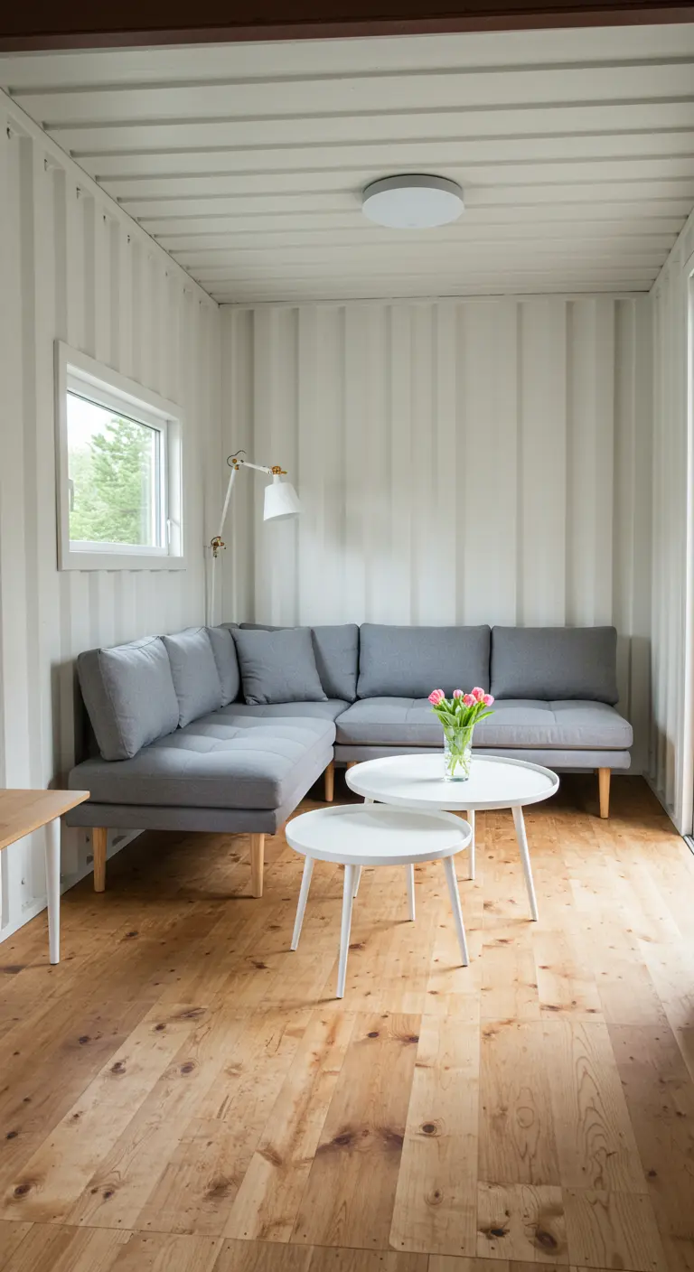 A sectional sofa in a living room with white corrugated metal walls and a wood floor.
