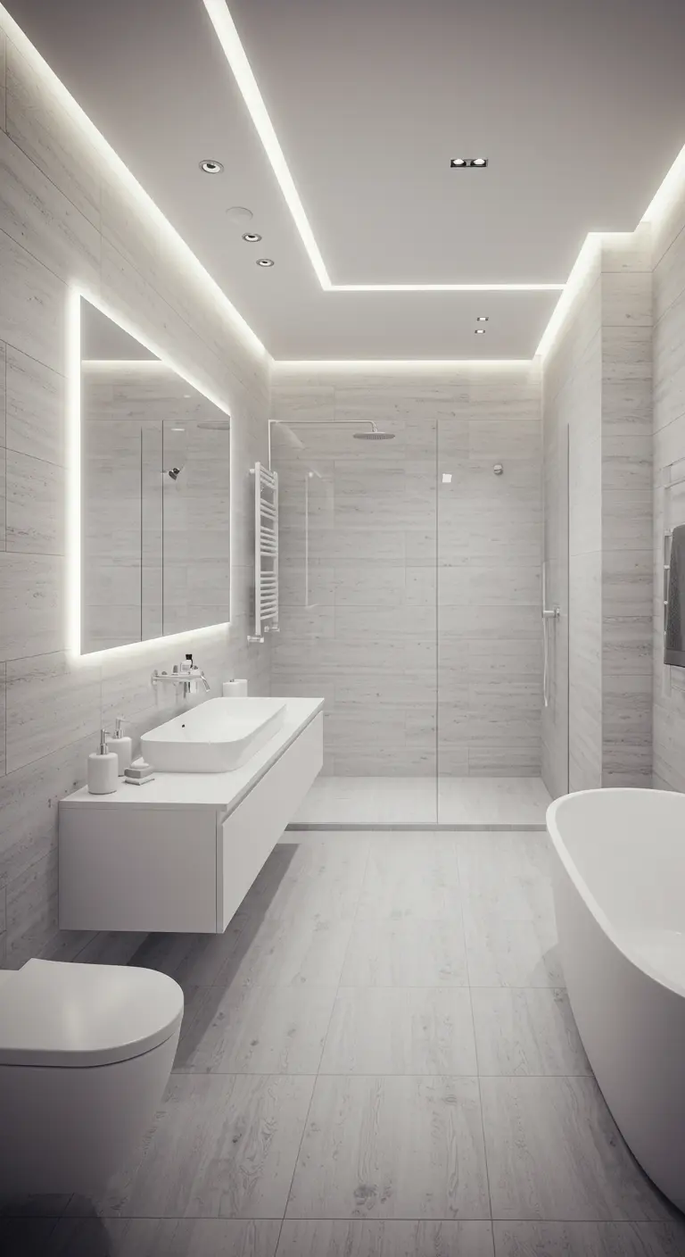 Airy white bathroom with subtle wood-grain textured tile and perimeter cove lighting.