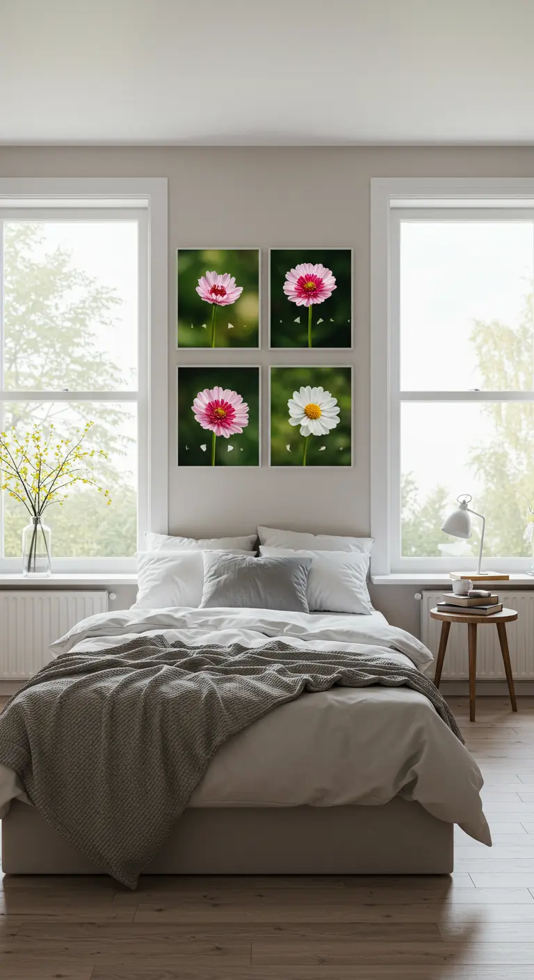 Four bright pink and white flower prints arranged in a grid on the wall between two windows.