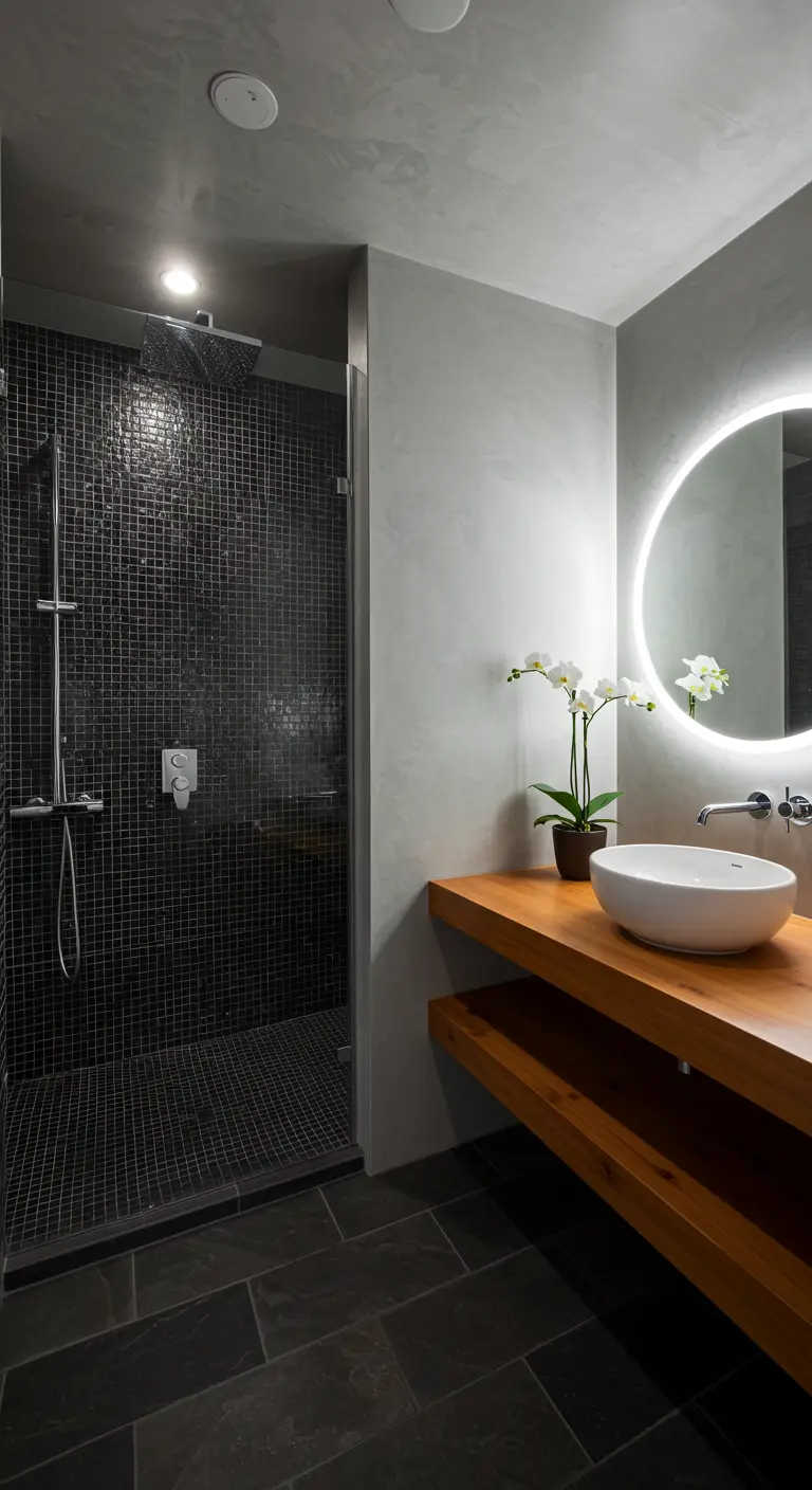 A modern bathroom with a black mosaic tile shower and a floating wood vanity.