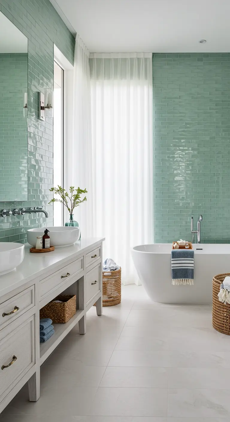 Bathroom with floor-to-ceiling seafoam green subway tiles and a white double vanity.