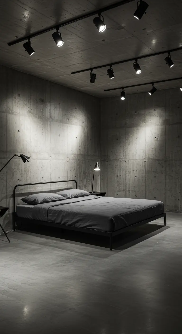 Industrial concrete bedroom with black track lighting on the ceiling.