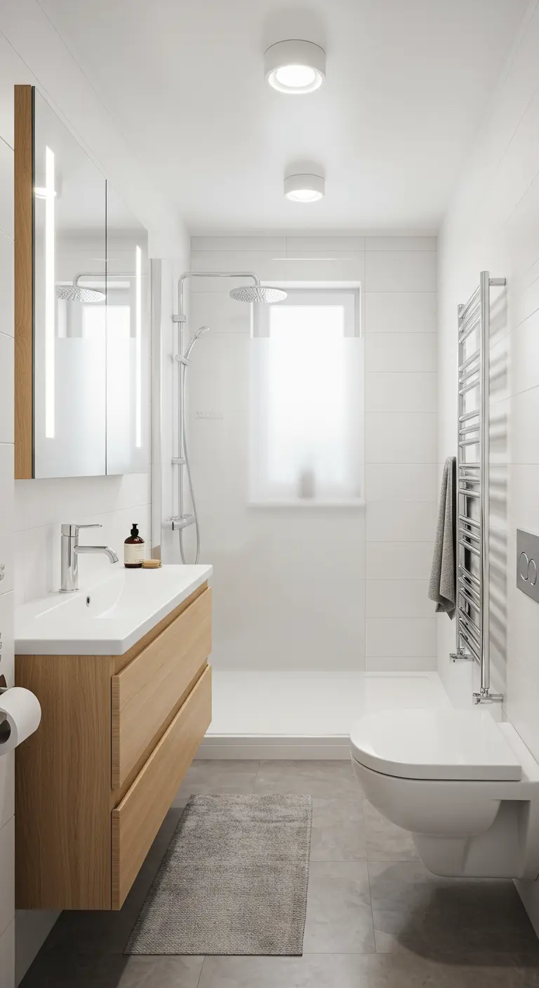 Narrow bathroom with a light wood vanity and a vertically lit mirror.