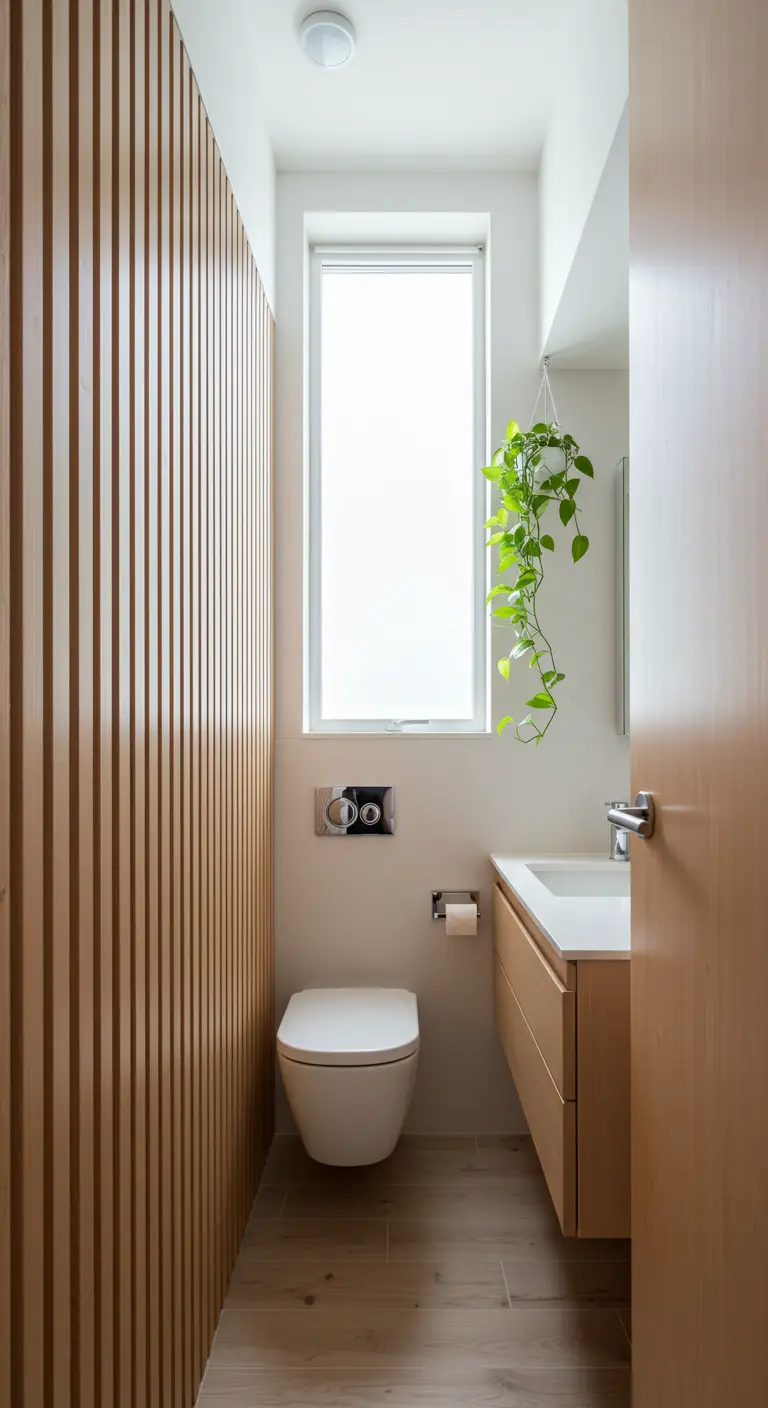 Narrow powder room with a vertical wood slat accent wall.