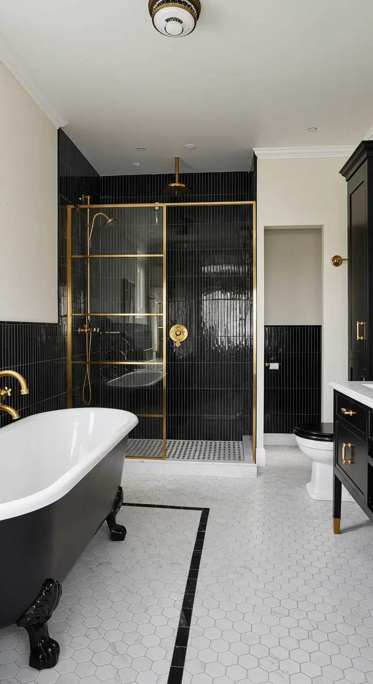 Black clawfoot tub next to a shower with vertical black tiles and a brass frame.