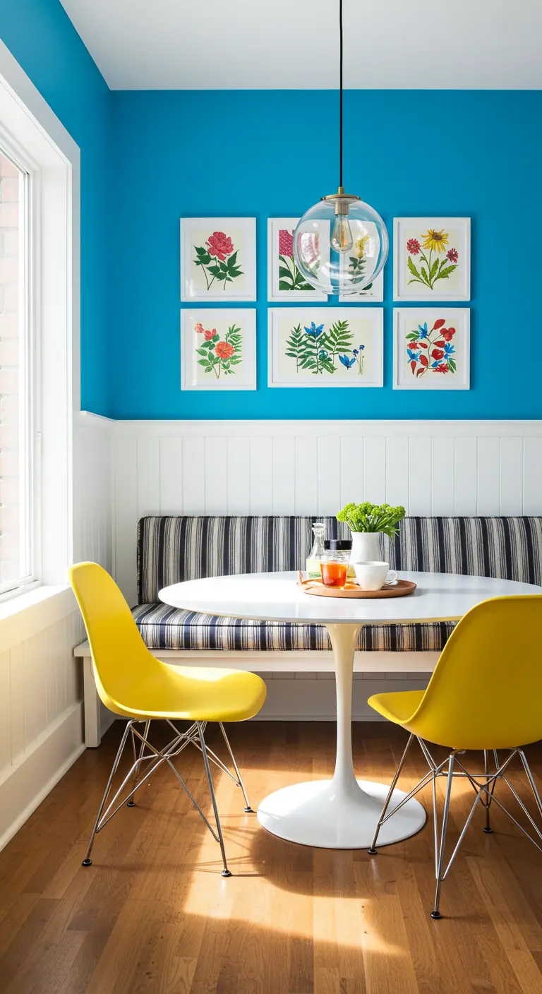 Breakfast nook with bright blue upper walls, white wainscoting, and yellow chairs.