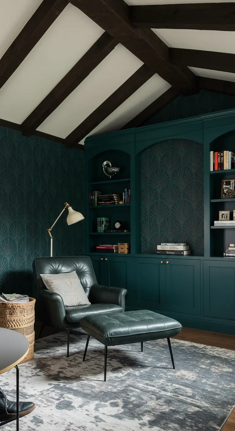 Teal built-in bookshelves with Art Deco wallpaper backing and a dark green leather chair.