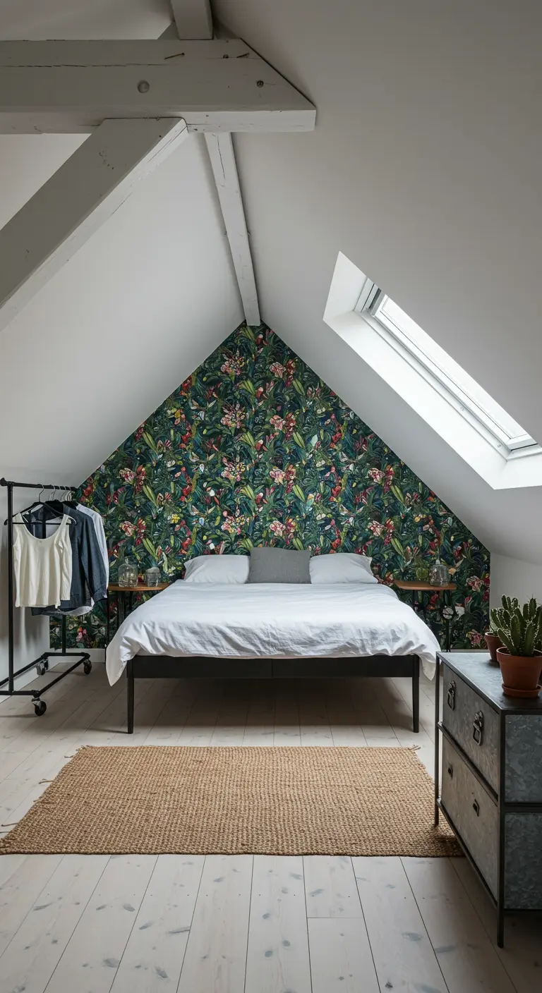 Attic bedroom with a bold tropical print wallpaper on the accent wall behind the bed.