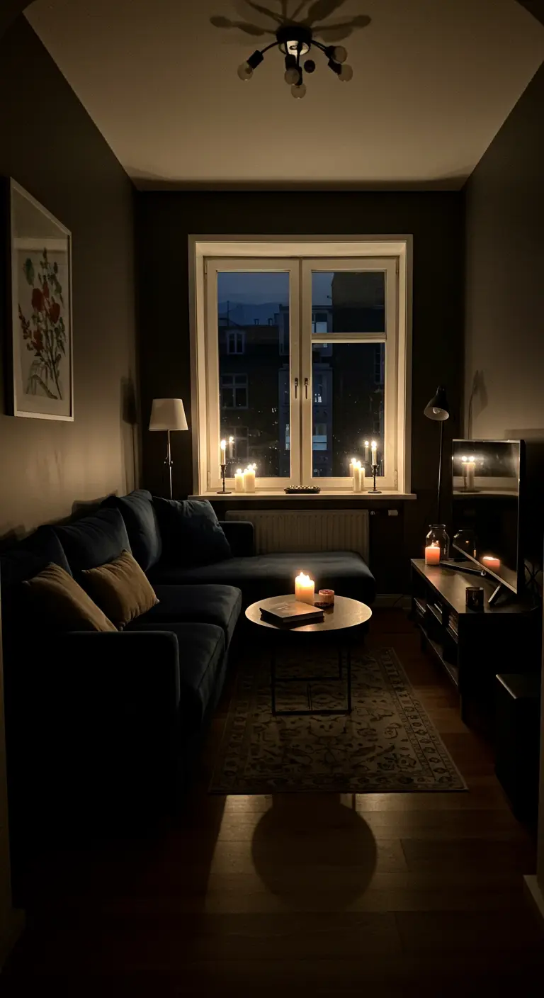 Moody living room with a blue velvet sofa, where candles line the window sill at dusk.