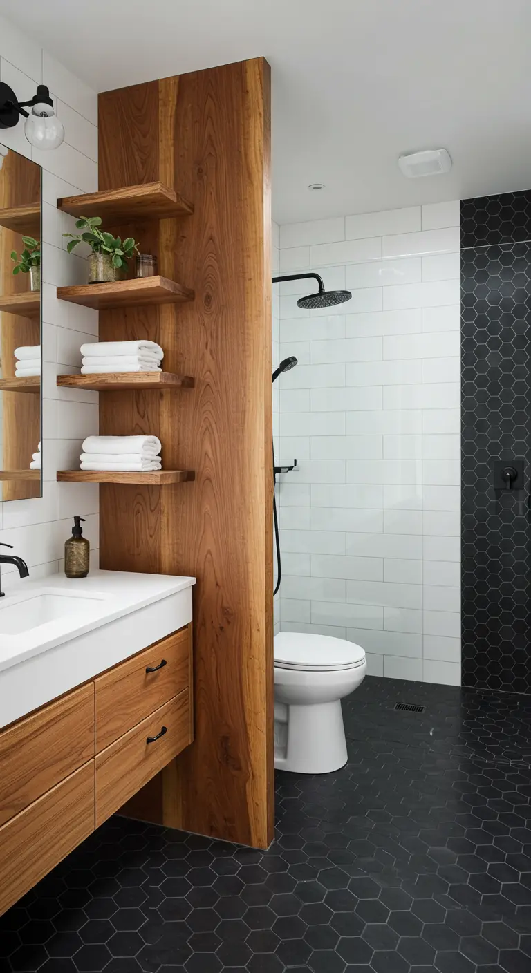 Wood partition wall with built-in shelves separating a vanity from a black hex tile shower.