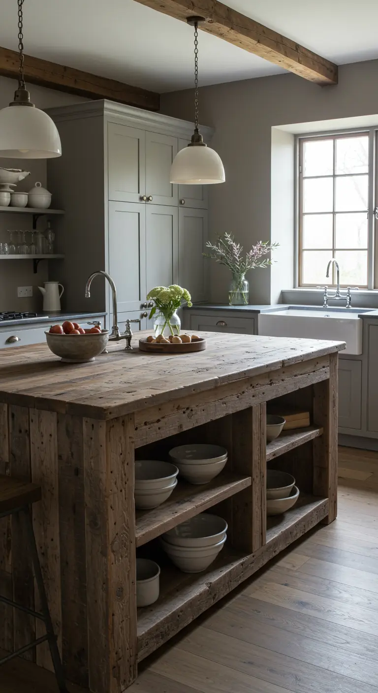 Reclaimed wood kitchen island with large open shelves storing white ceramic bowls.