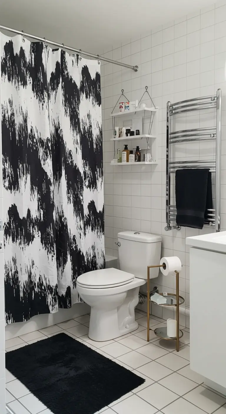 Bathroom with a bold black-and-white abstract shower curtain and a small gold toilet paper stand.