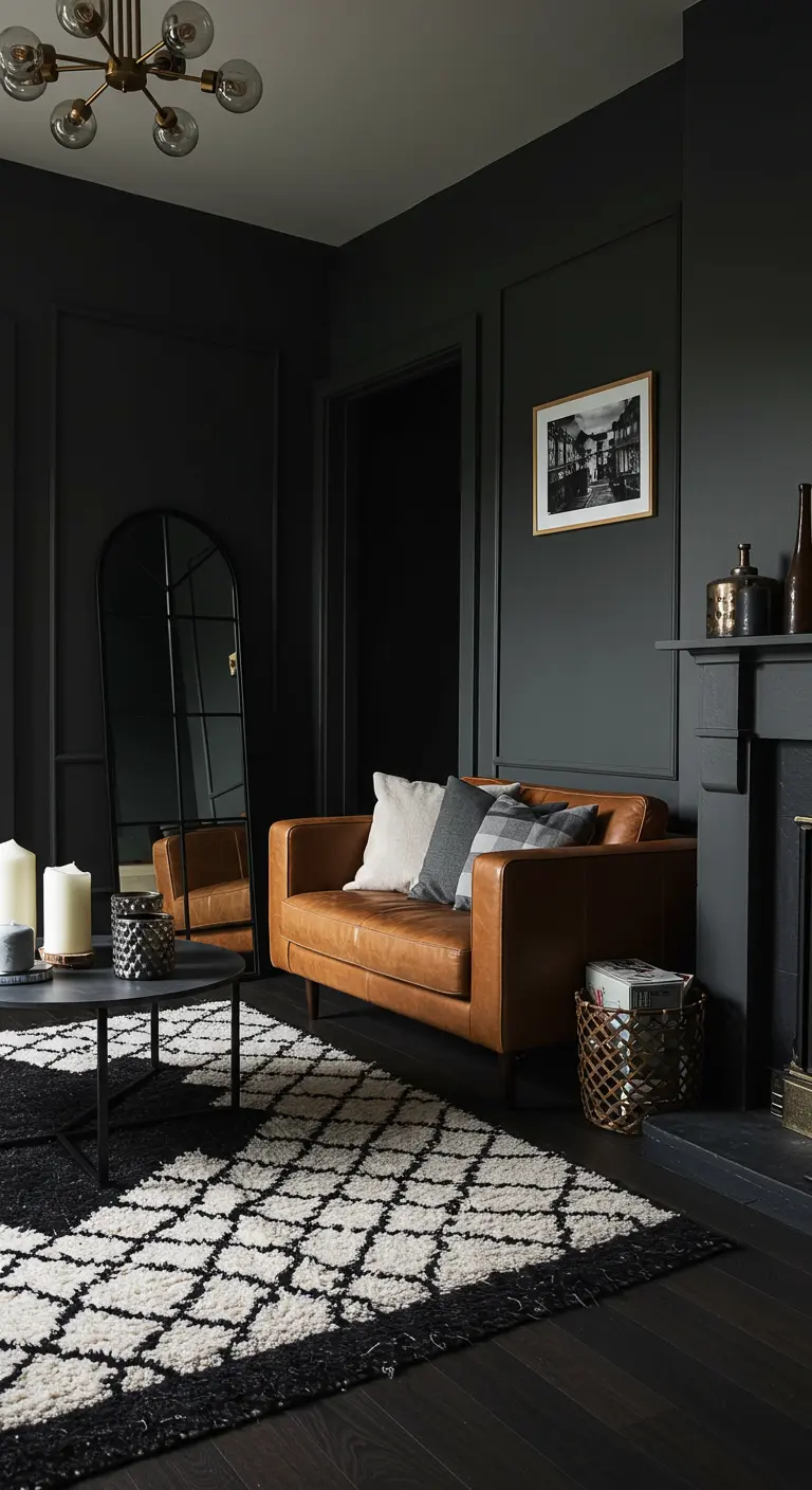 A black-framed arched mirror leans against a dark wall in a moody living room with a leather sofa.