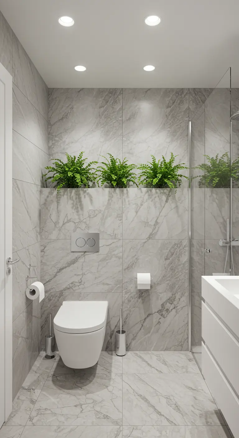 Grey marble bathroom with three ferns in pots on a recessed shelf above the toilet.