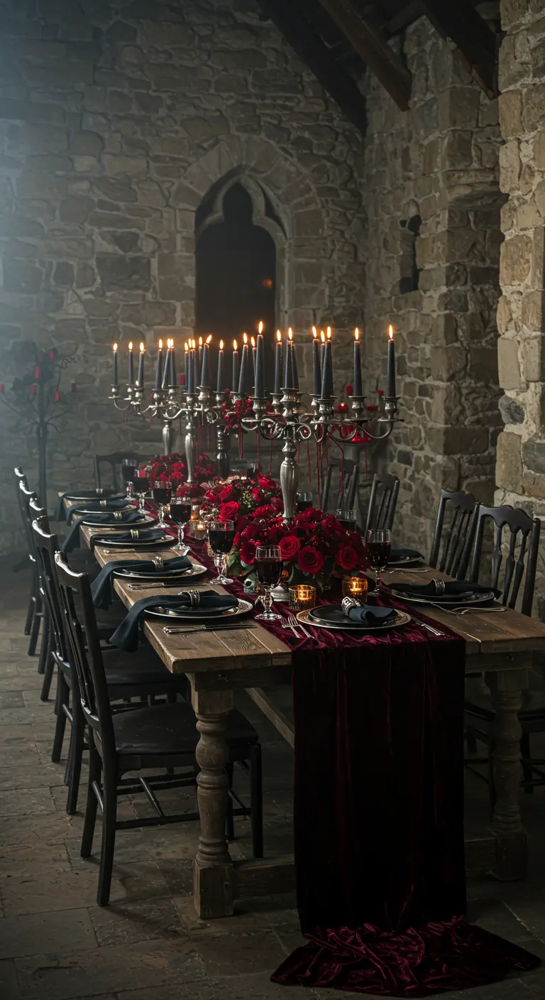 Long banquet table with red roses and tall silver candelabras in a stone castle hall.