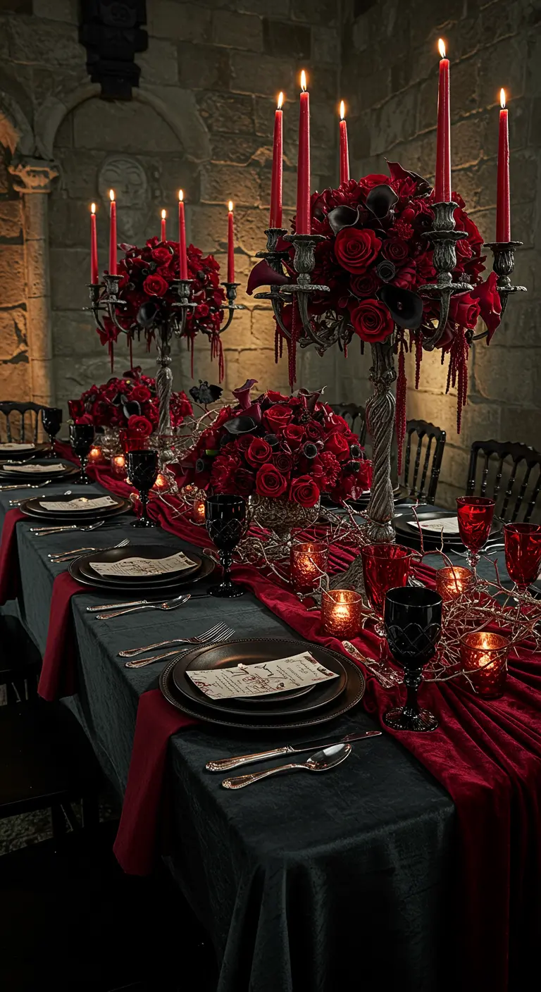 Gothic table with tall silver candelabras holding arrangements of red roses.